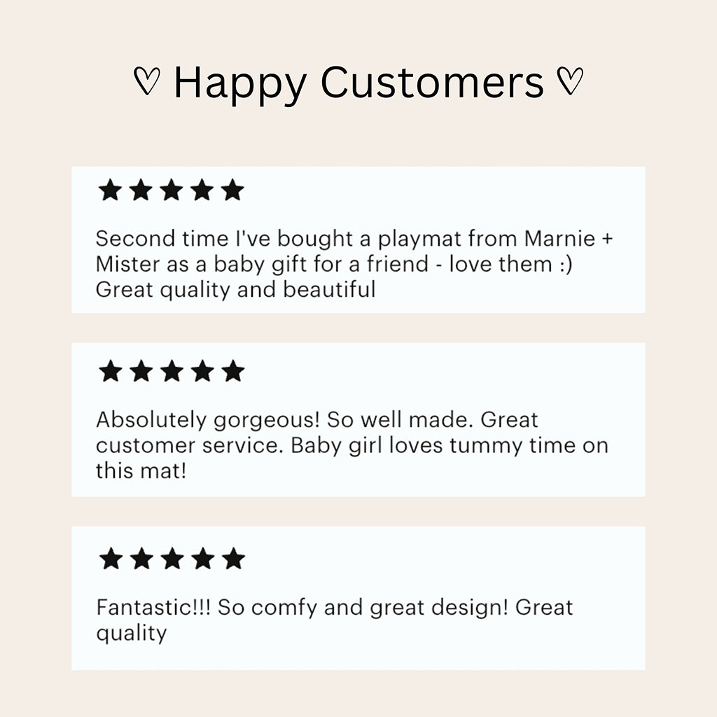 5 Star reviews of play mats from Marnie + Mister on a light pink background